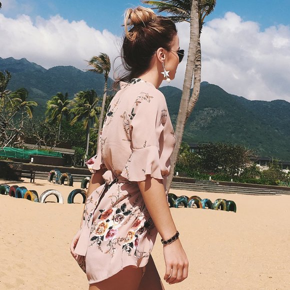 Flirty Floral Romper in Mocha - Belted - Floral California Romper - Picture 4 of 14